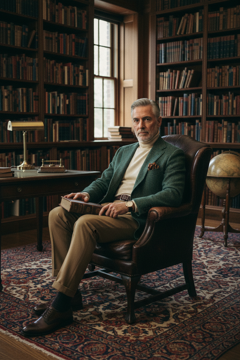 Man in old money clothing sitting in library