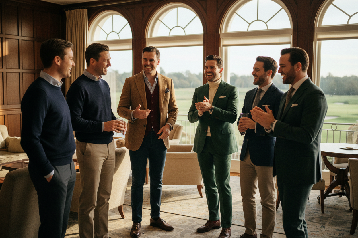 Men in old money clothing talking and laughing