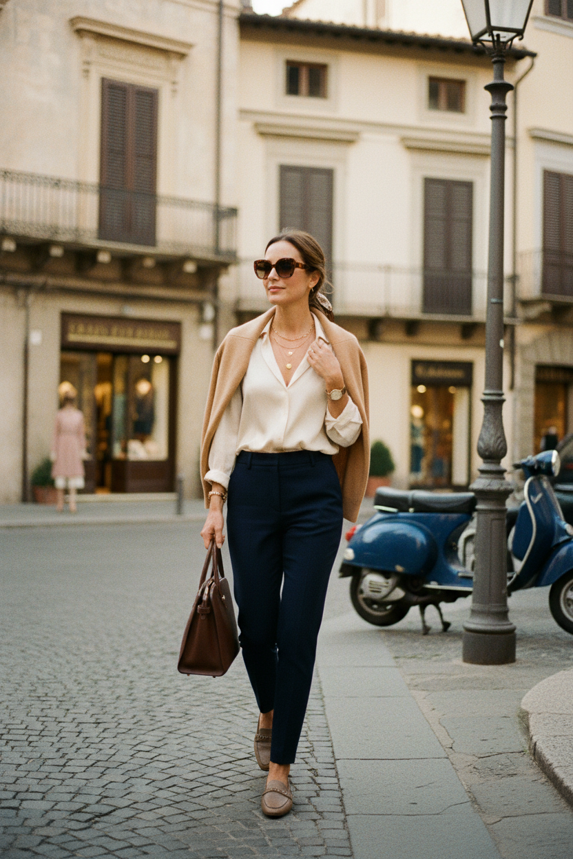 Woman in old money clothing walking on Italian sidewalk