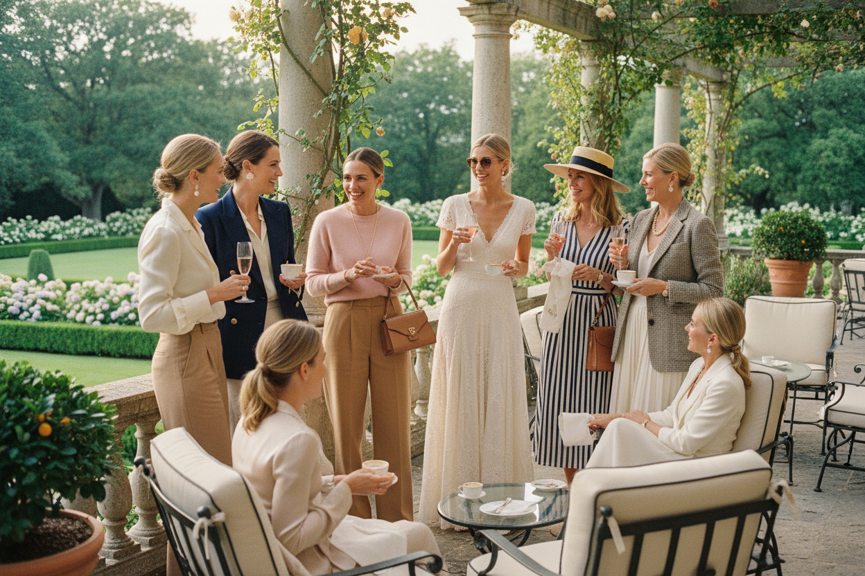 Women in old money clothing talking and laughing